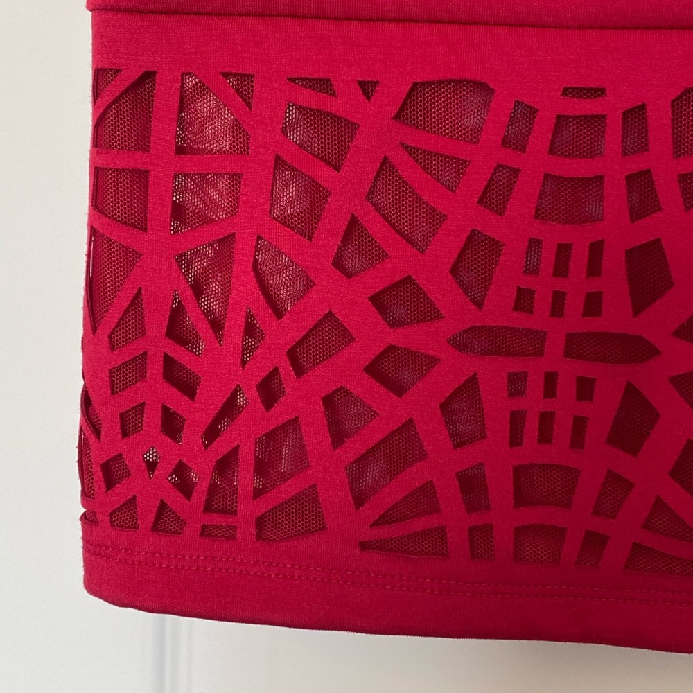 Thalia Sodi Deep Rose Red Skirt with Windowpane & Mesh Detail at Bottom - Picture 3 of 10